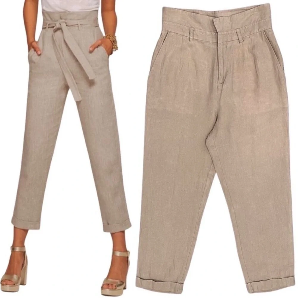 Reformation Fisher‎ Paperbag Linen Pant Straight Leg Cuffed Ankle High Waisted